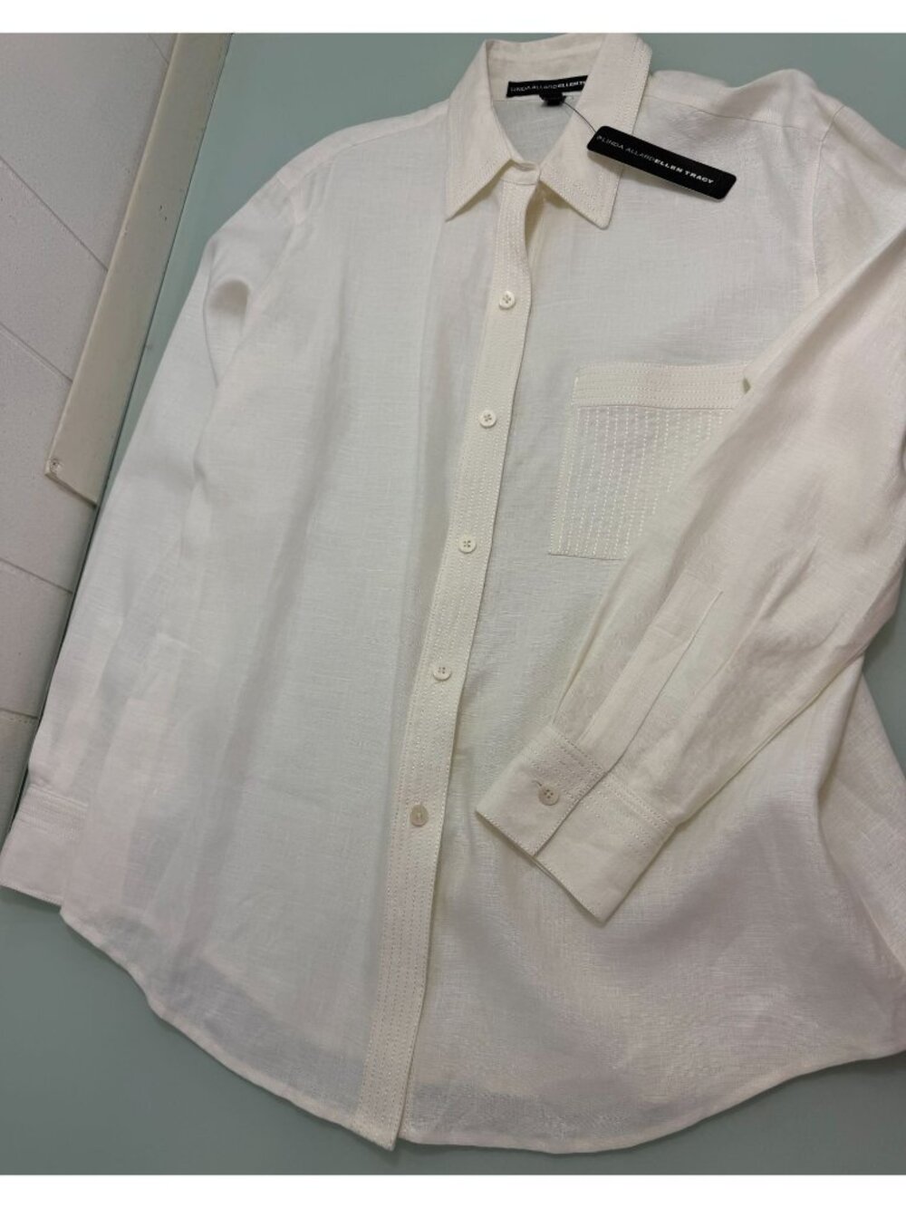 Linda Allard Ellen Tracy Shirt Women's 12 White 100% Linen Top Coastal Blouse